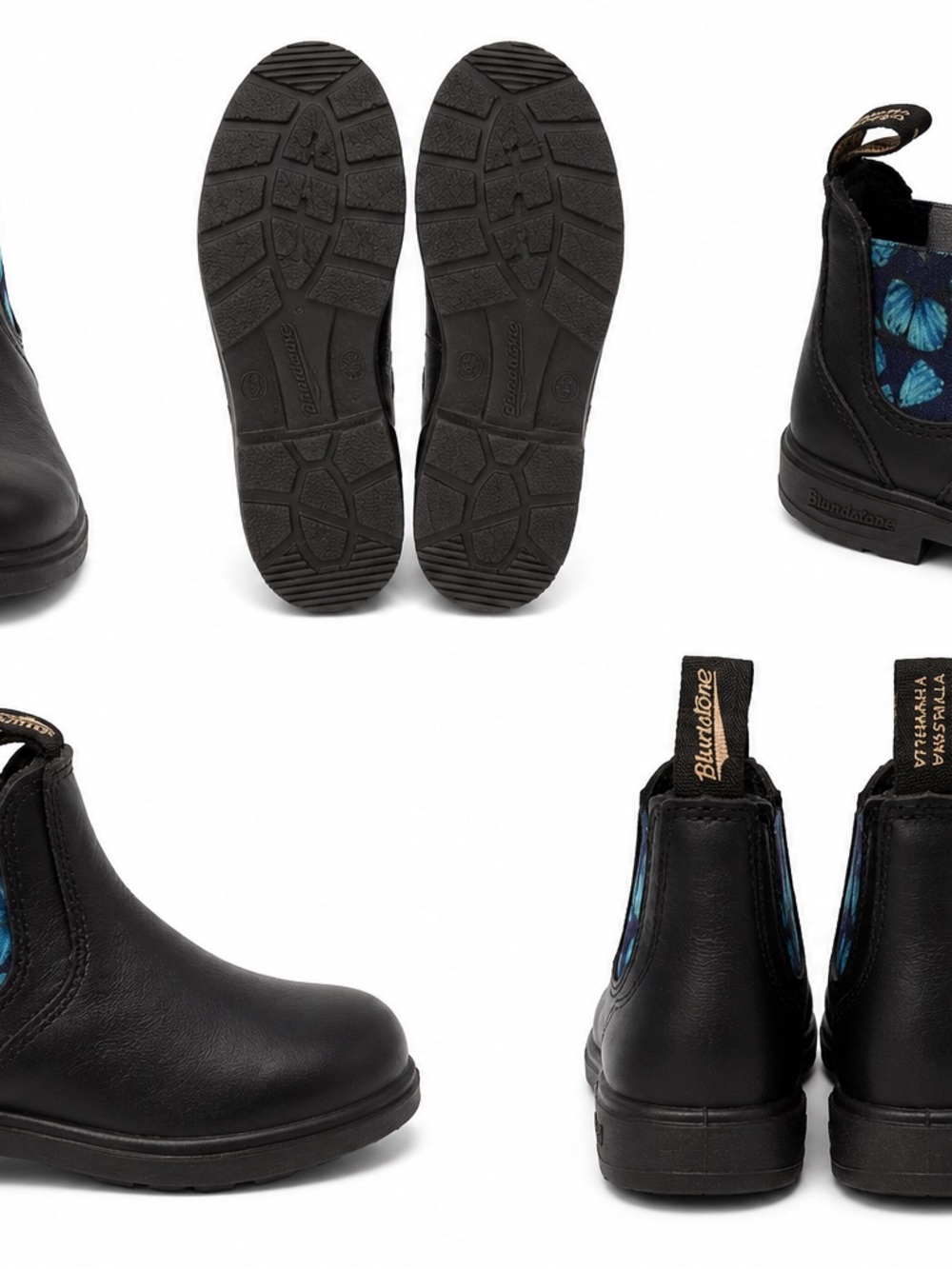 Blundstone Kids Chelsea Boots Black Leather Blue Butterfly Panels Size 9 GUC